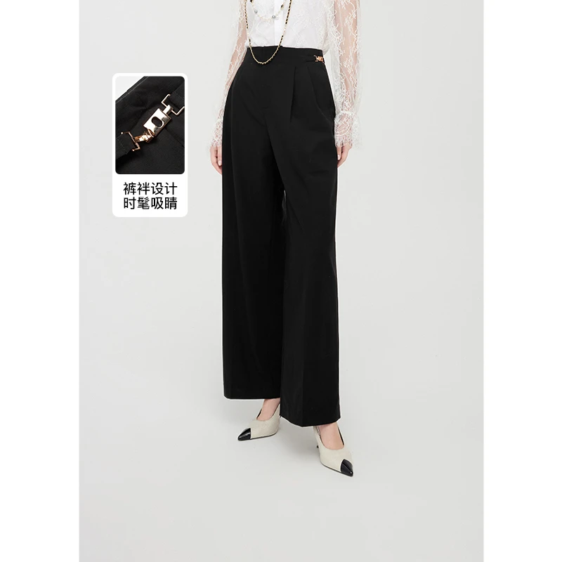 missCOCOON垂感金属裤袢阔腿裤春新女时尚百搭黑色中长休闲裤