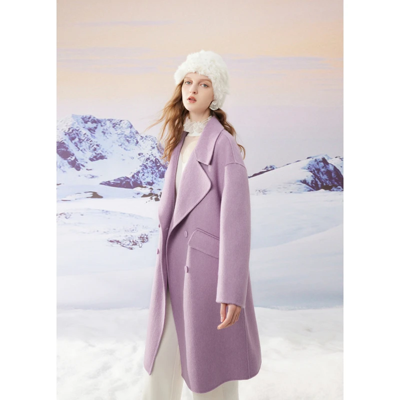 missCOCOON知性优雅紫罗兰色冬装新款女挺括双面呢毛呢外套