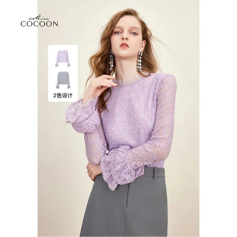 missCOCOON浪漫设计层次感冬装新款女绒感蕾丝荷叶领打底衫