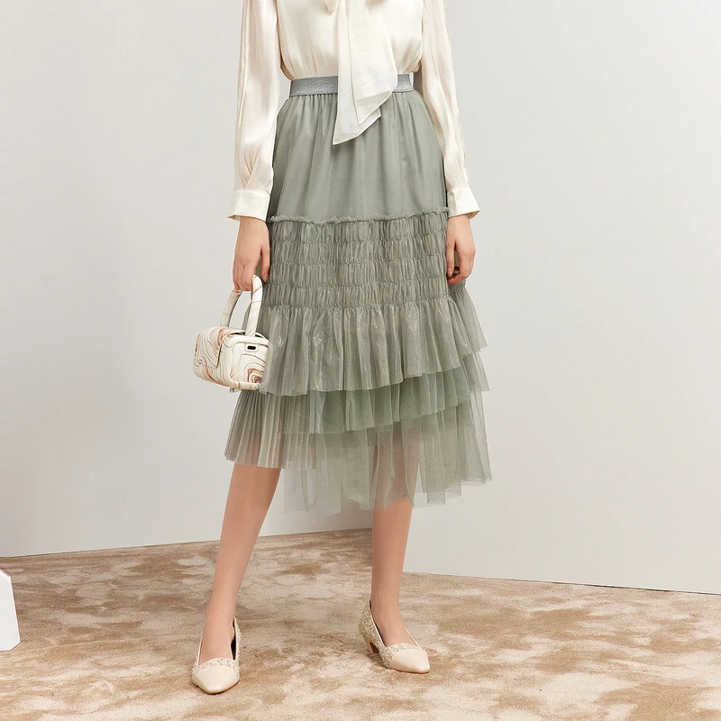 missCOCOON简约A字裙冬新款女小众设计网纱不规则下摆半身裙