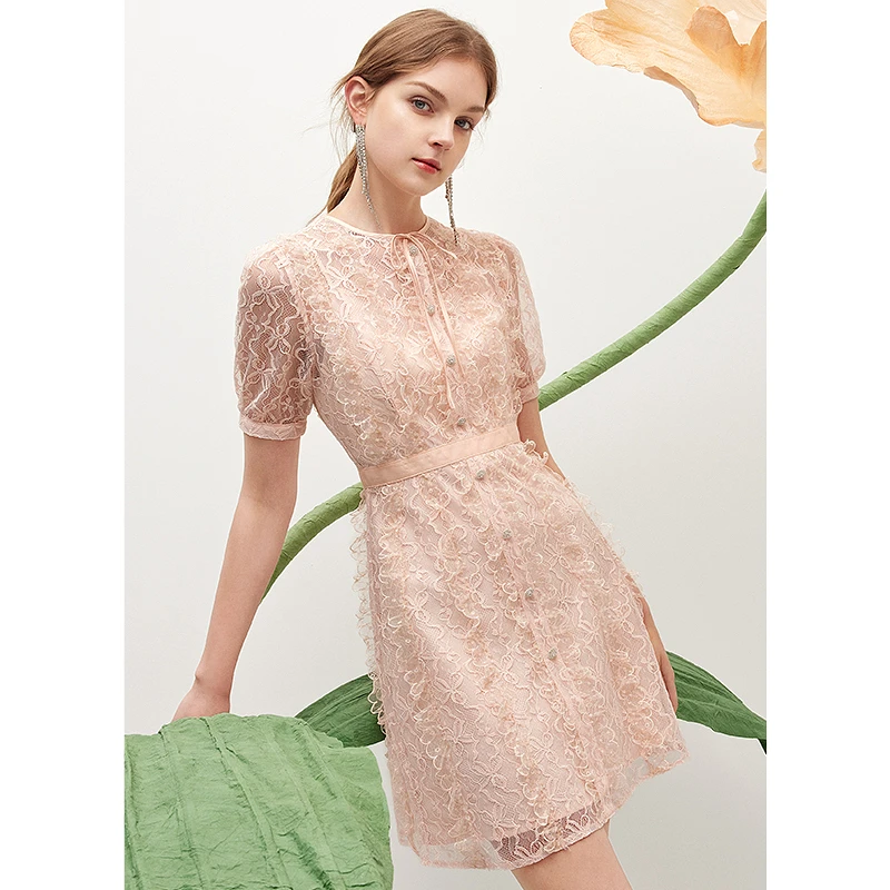 miss COCOON法式蕾丝收腰夏新款女装浪漫荷叶边名媛风a字连衣裙