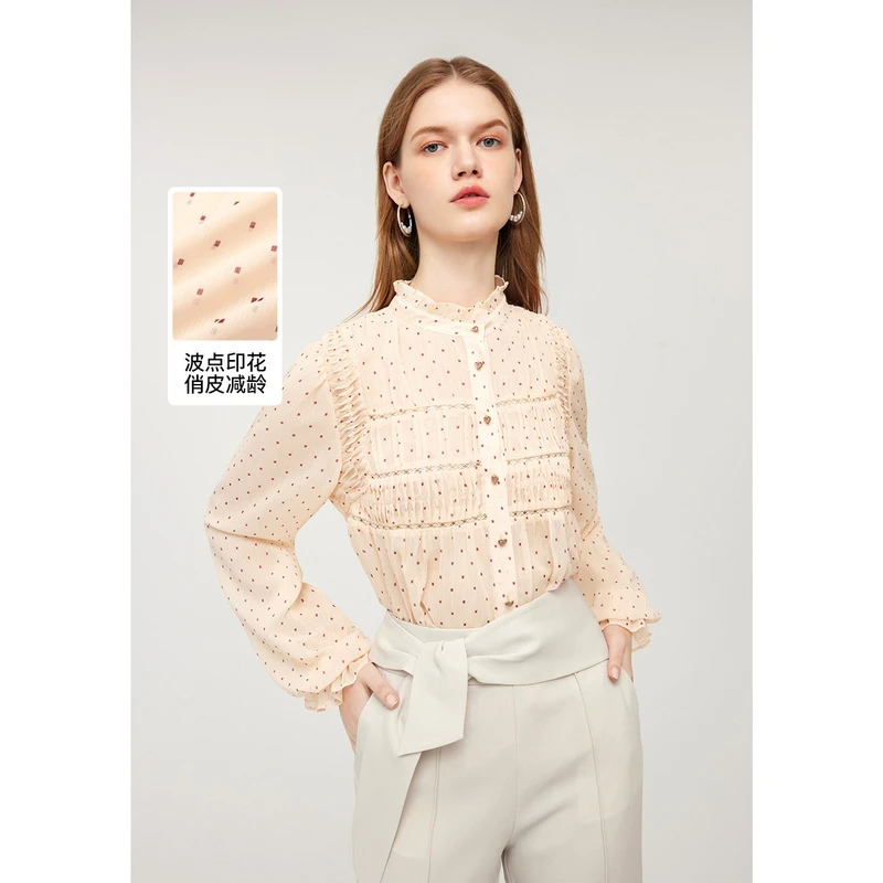 missCOCOON亮片镂空花边中长上衣春新款女波点印花泡泡袖衬衫