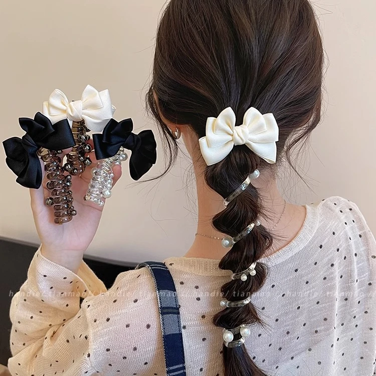 蝴蝶结珍珠泡泡辫编发神器扎马尾头绳2024新款高级感电话线发圈女