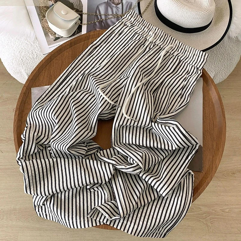 黑白竖条纹阔腿裤女2024夏薄款宽松垂感慵懒遛弯裤休闲冰丝直筒裤