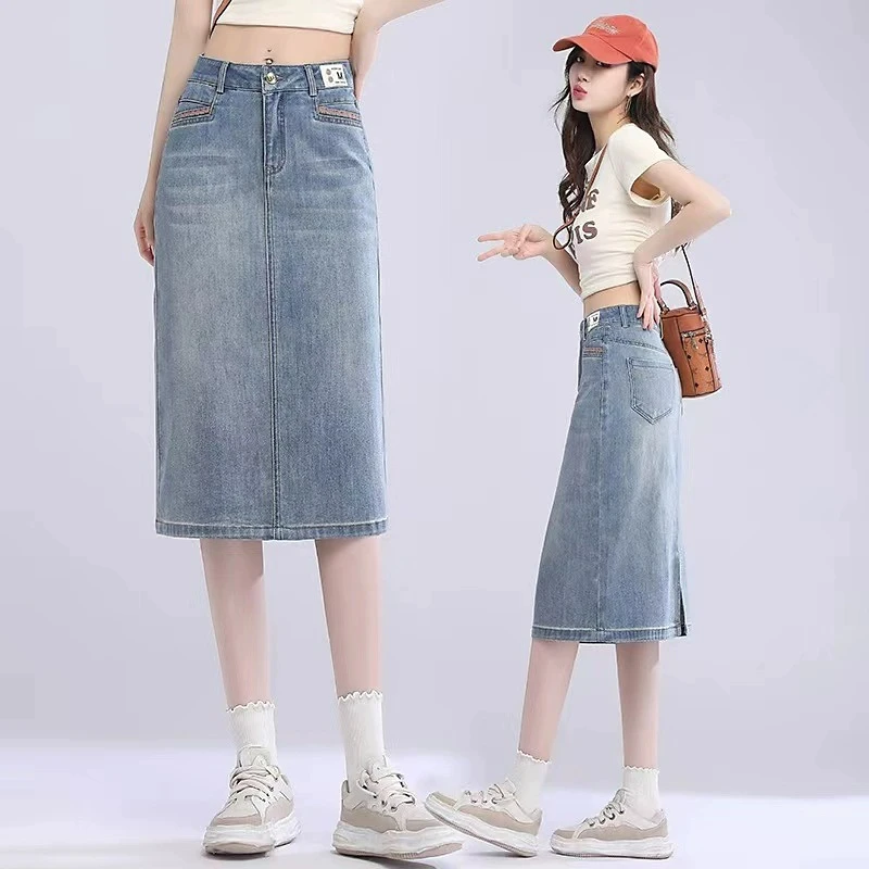 夏季薄款牛仔半身裙女2024时尚百搭中长裙高腰显瘦开叉包臀直筒裙