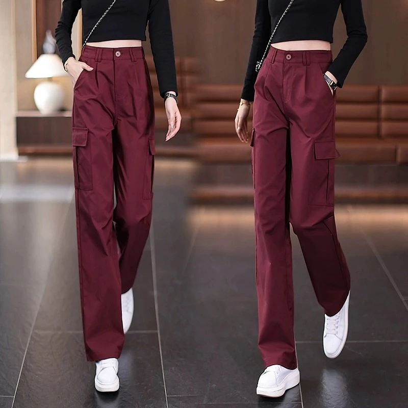 安可拉红阔腿工装裤女2024秋季新款高腰后松紧多口袋休闲直筒裤子