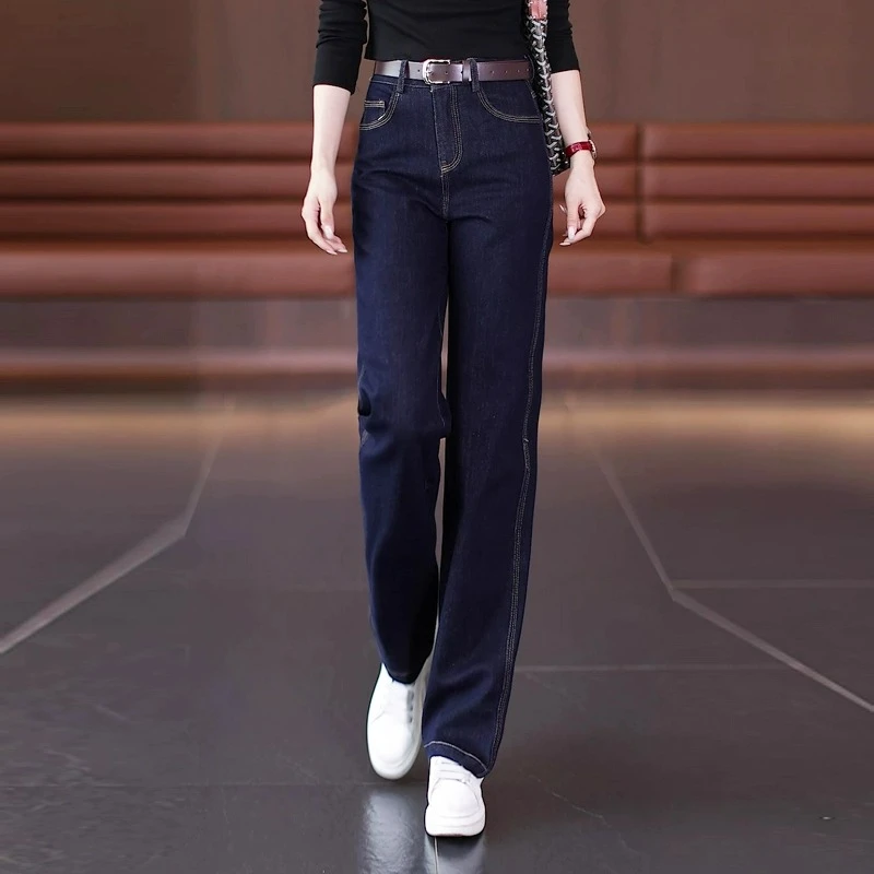 丹宁深蓝色牛仔裤女2024秋新款时尚潮流窄版阔腿裤高腰休闲直筒裤