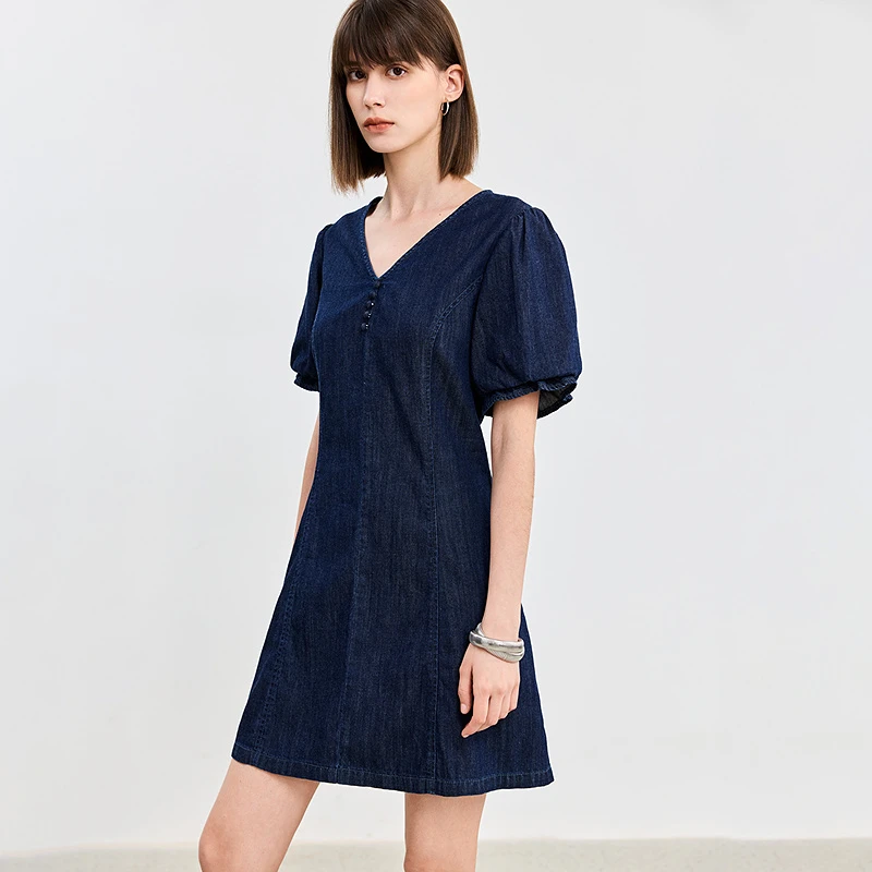 LILY夏新款V领法式泡泡袖连衣裙124229G7T81