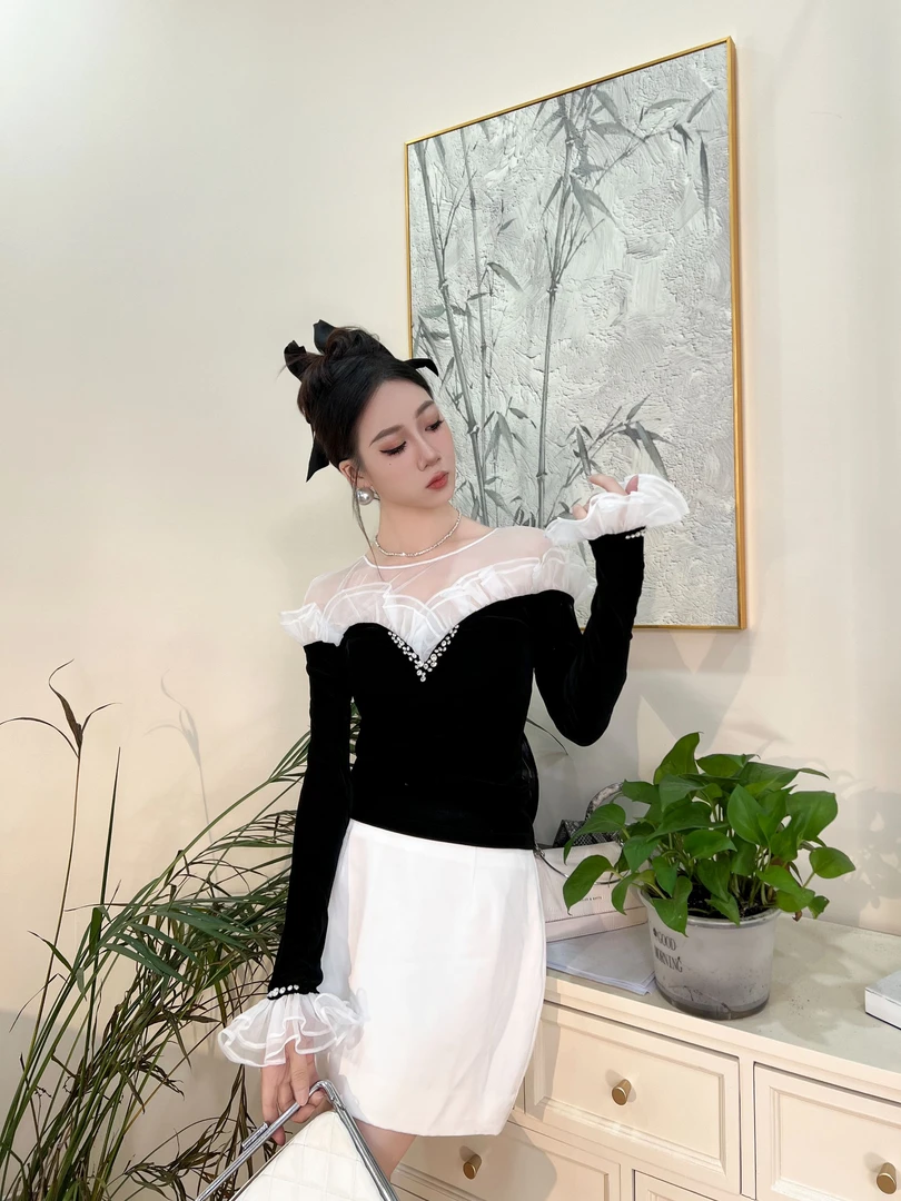 设计师新款上衣显瘦网纱拼接外穿修身设计感 91684