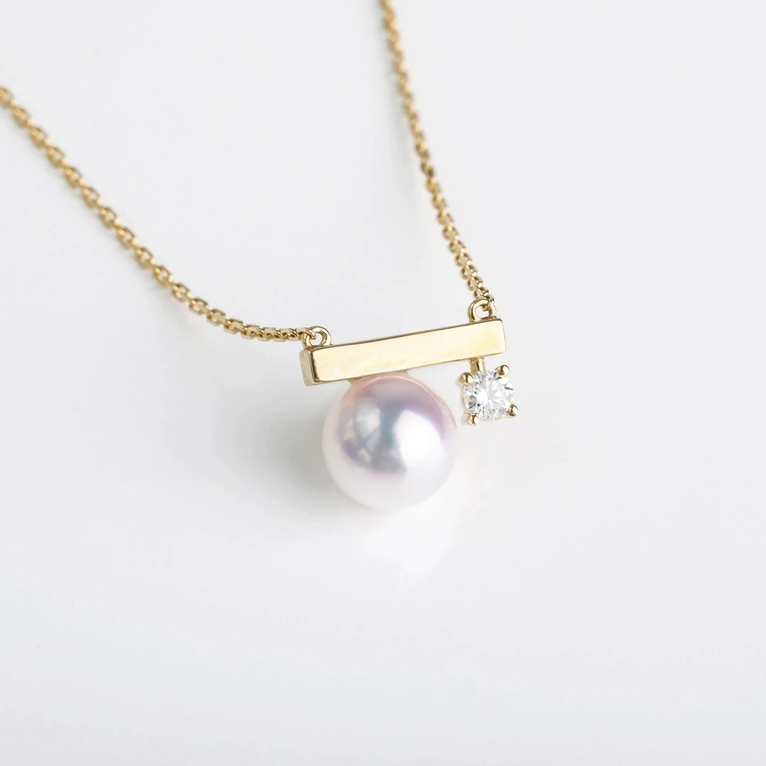 7.5-8mm日本akoya平衡木项链-18k金钻石镶嵌-正圆极光几乎无暇