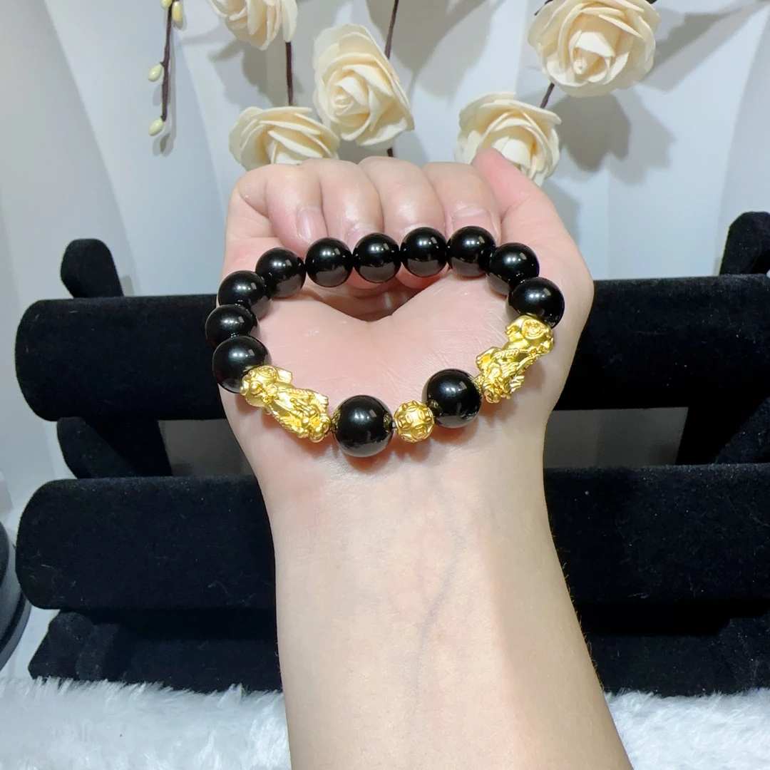 足金999黑曜石手链男士貔貅金钱球酷炫手串硬金手绳送男友礼物