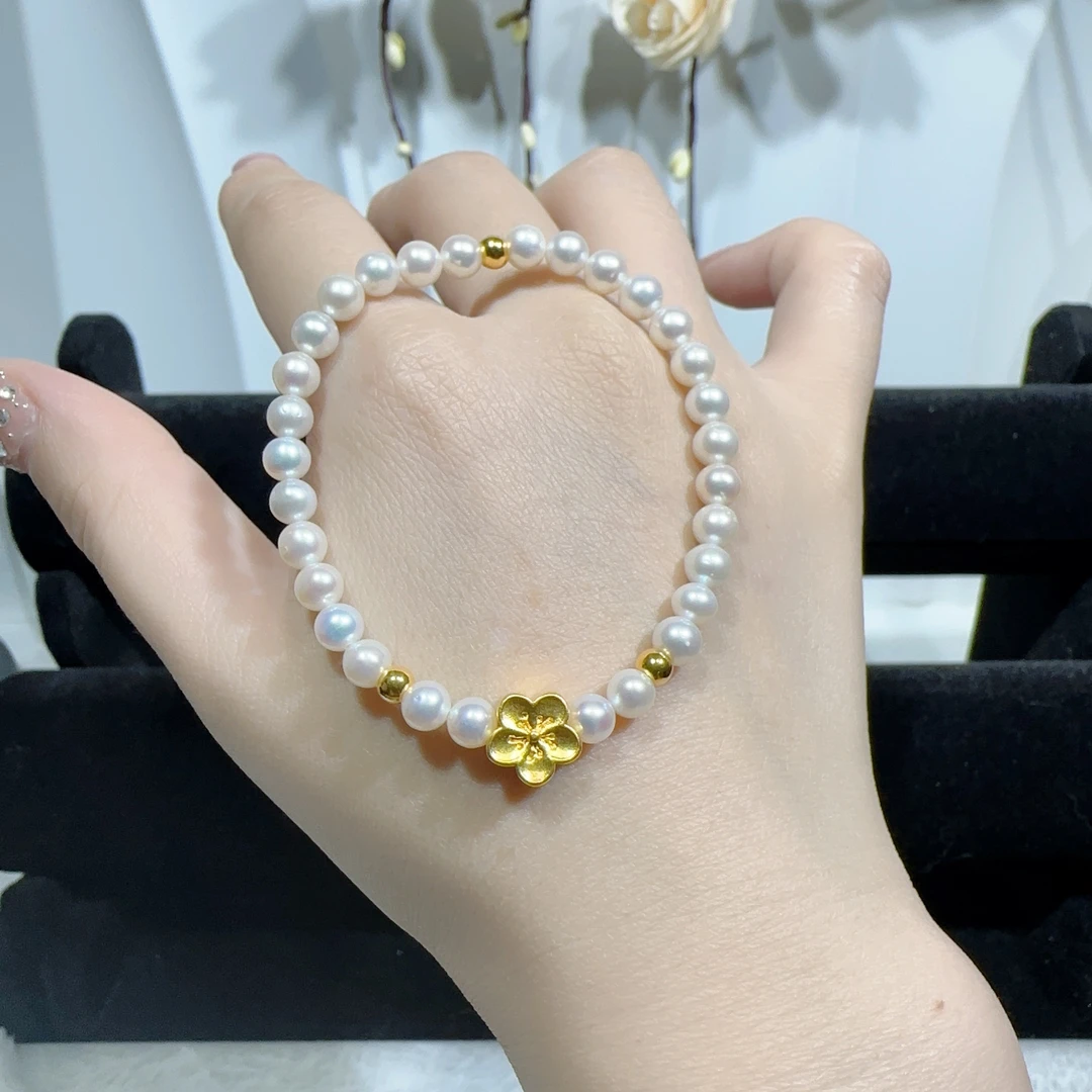 足金 999 金珠3桃花1珍珠手串天然淡水珍珠手链气质时尚女士款
