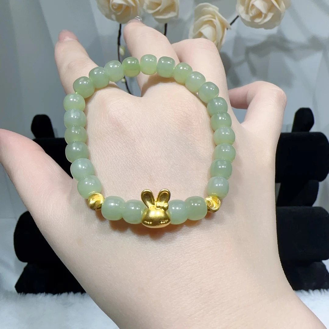 足金9995D硬金猫眼珠兔子手链气质轻奢时尚百搭手工玉手串女士款