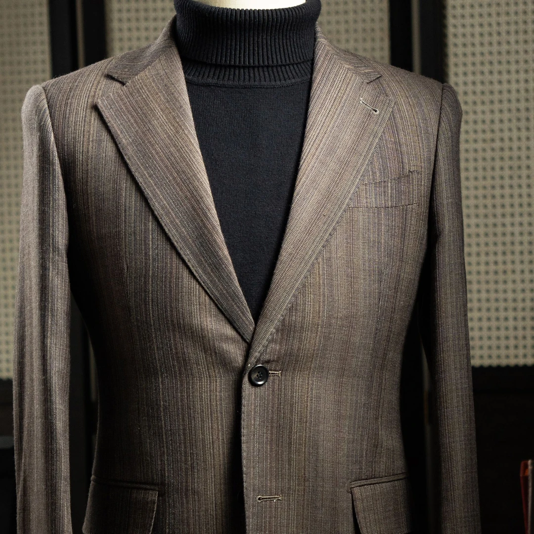 【全羊毛】香槟棕条纹西装外套西服上衣商务休闲男修身单西