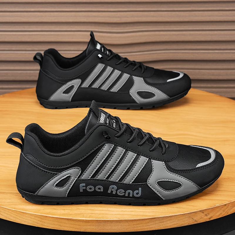 阿甘男鞋秋冬防滑休闲运动跑步板鞋黑色皮面防水上班干活软底潮鞋