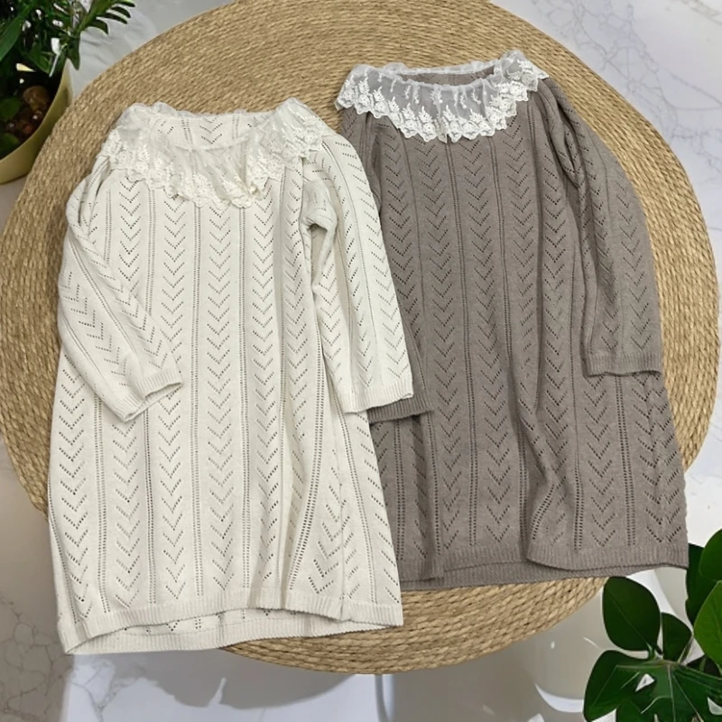 《米粒》82252森系中长款甜美软蕾丝花边慵懒风可爱毛衣裙