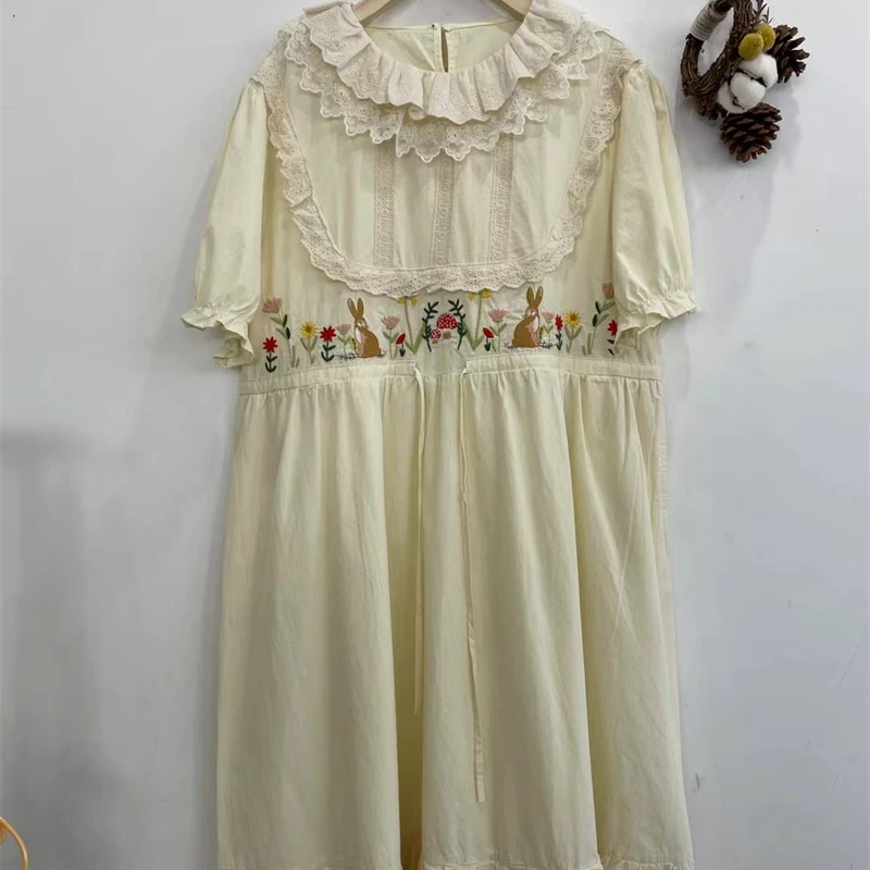 《米粒》23022森系小清新圆领蕾丝花边收腰系带宽松百搭连衣裙