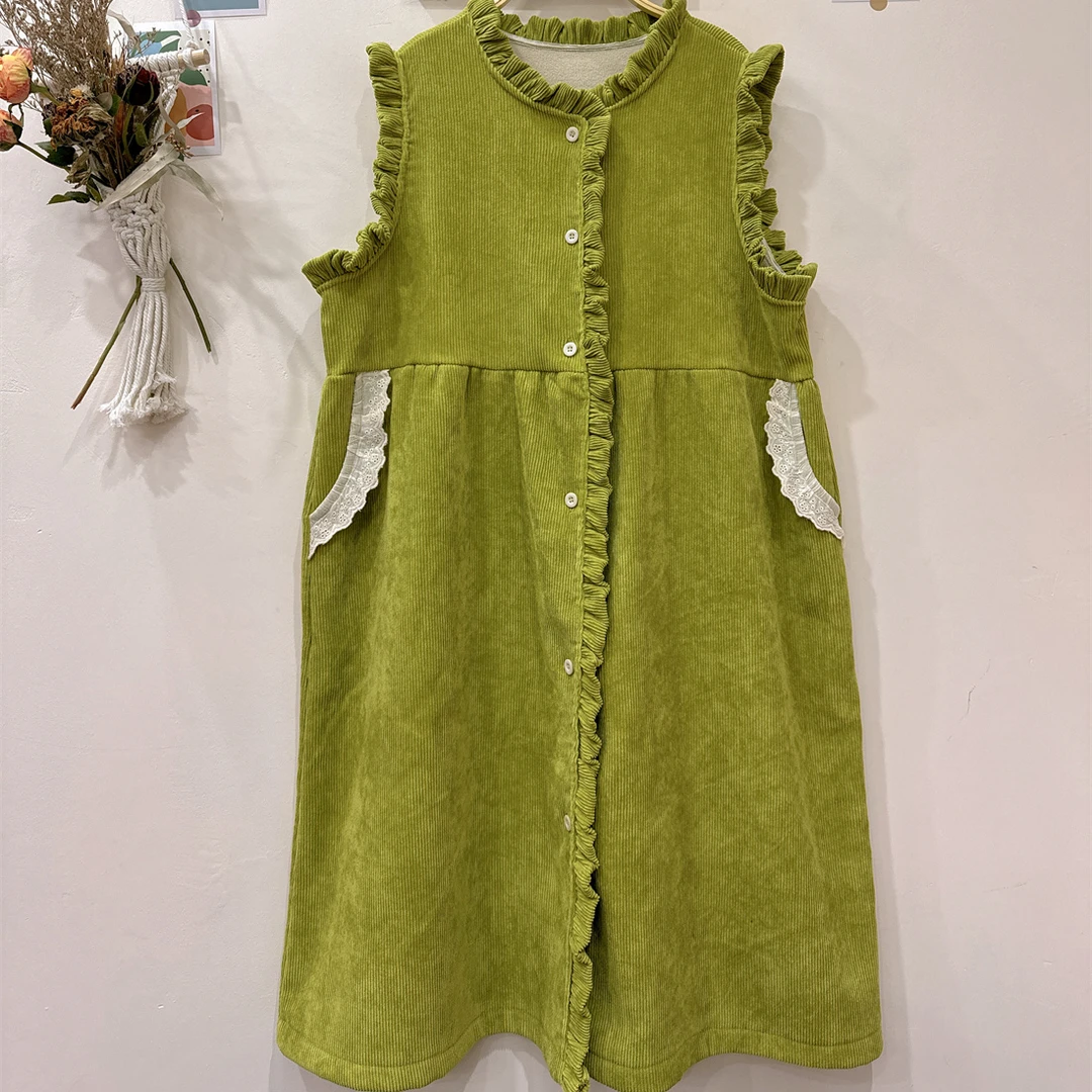 《米粒》63125森系甜美圆领木耳边宽松百搭减龄加绒背心连衣裙