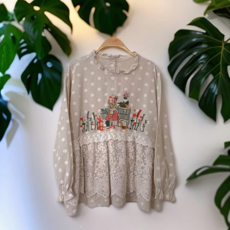 《米粒》82510森系小清新圆领甜美木耳边宽松百搭减龄长袖衬衫