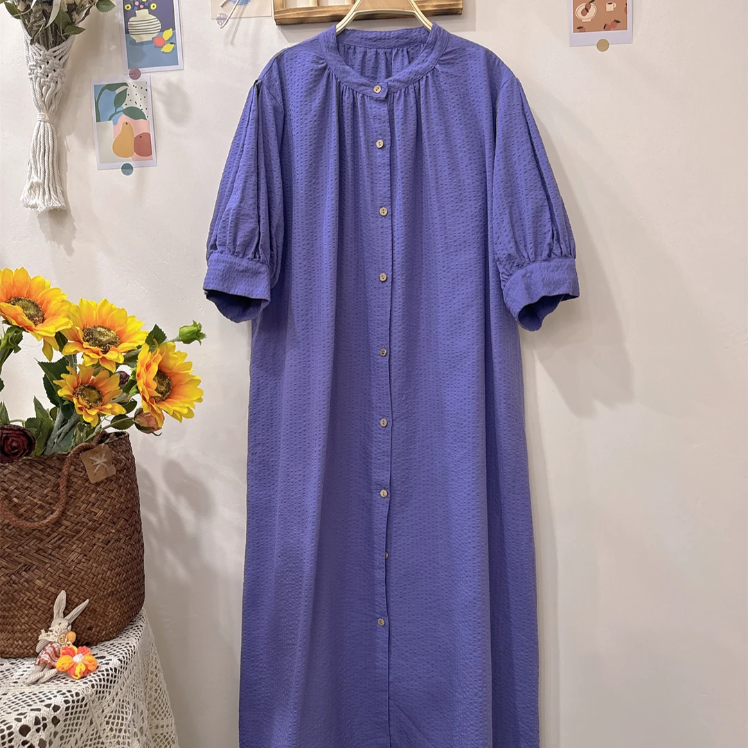 《米粒》880138日系小清新圆领泡泡棉灯笼袖开衫连衣裙