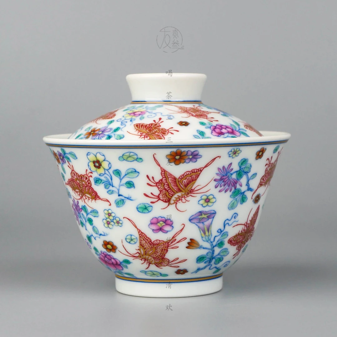 天义华青花釉里红斗彩描金蝶恋花盖碗【景德镇纯手工茶具180ml】