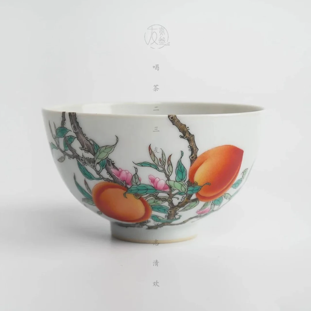 一儒堂古彩五桃鸡心杯【景德镇全手工137ml】