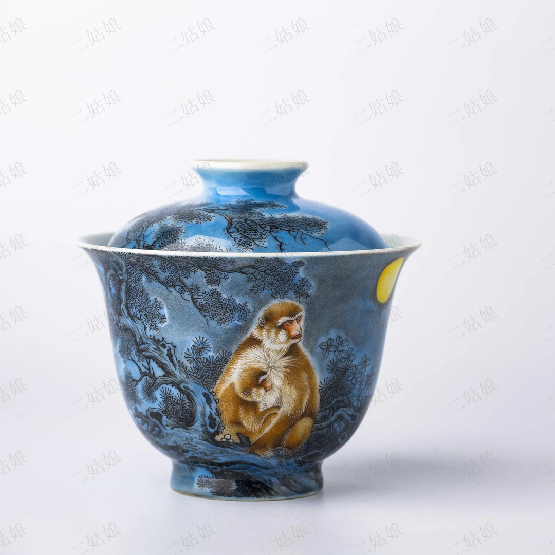 一儒堂粉彩夜景猴盖碗【景德镇纯手工茶具240ml】