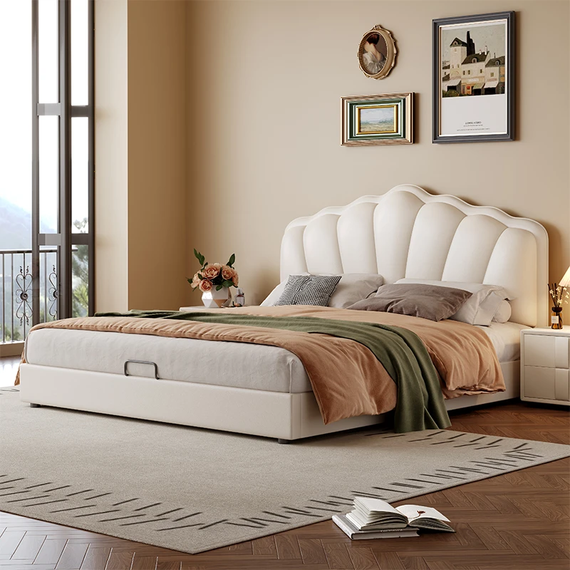 真皮床主卧大床现代简约风卧室高端双人床高箱储物婚床花瓣云朵床