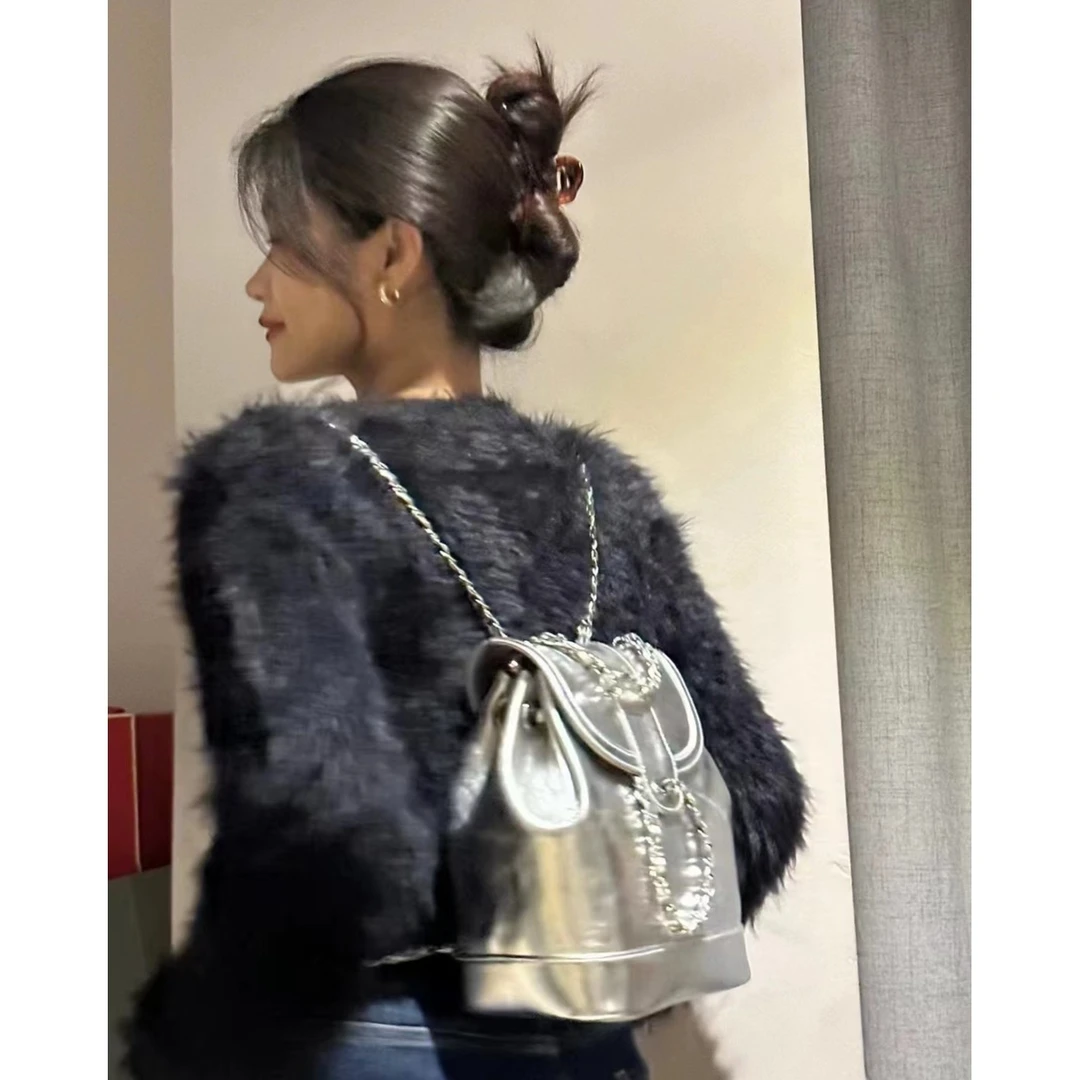 2025新款链条包双肩包女韩版潮小香风高级百搭银色简约通勤时尚