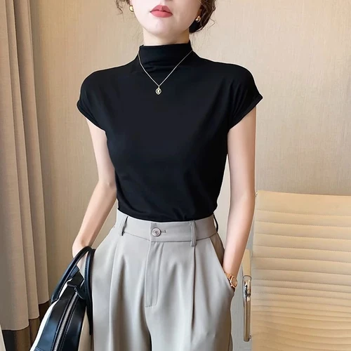 拉夏贝尔拉夏贝尔 黑色立领半高领短袖T恤女夏棉质紧身内搭打底衫