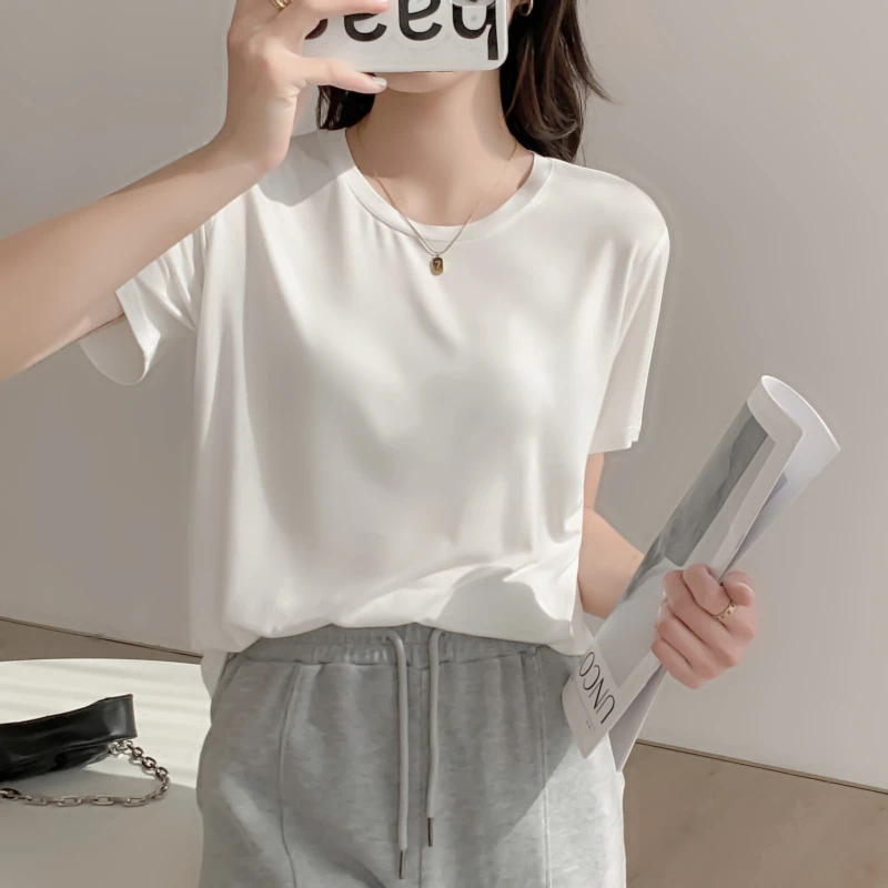 拉夏贝尔莫代尔正肩白色t恤女短袖宽松打底衫内搭显瘦上衣体恤冰