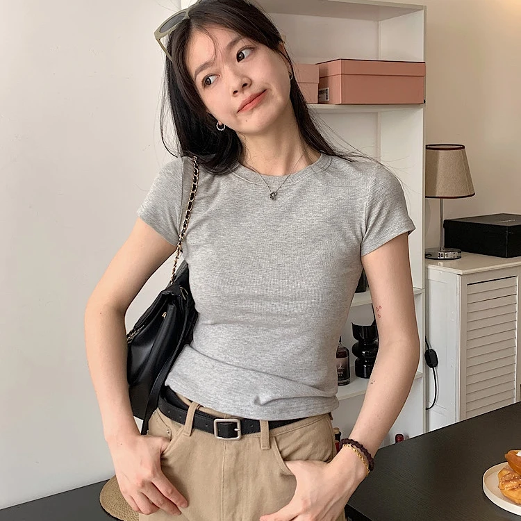 拉夏贝尔肯豆灰弹T恤女纯色正肩圆领短袖女辣妹紧身短款基础百搭