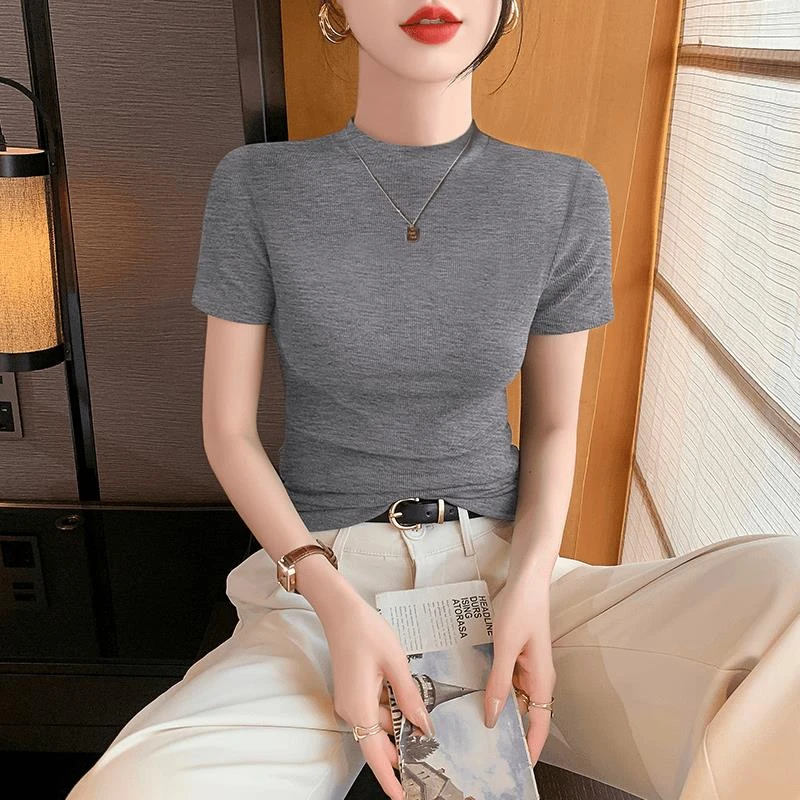 拉夏贝尔黑色小圆领短袖t恤女2025新款春夏季修身半袖体桖紧身打