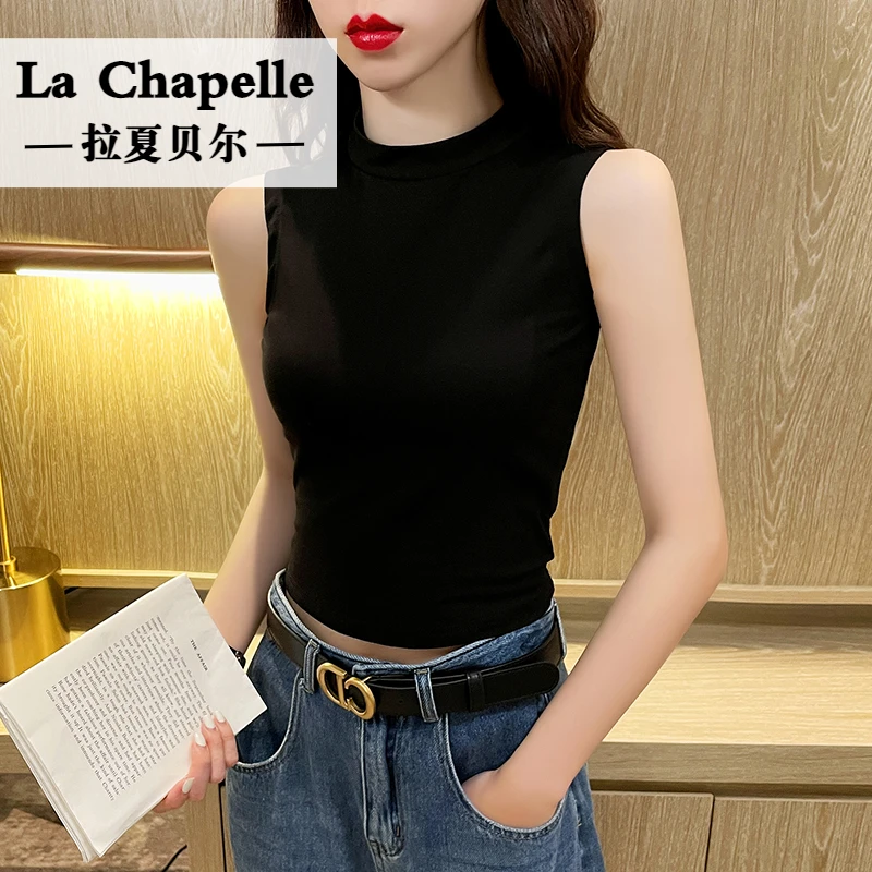 拉夏贝尔黑色半高领小背心女外穿夏2024高档无袖t恤内搭修身显瘦