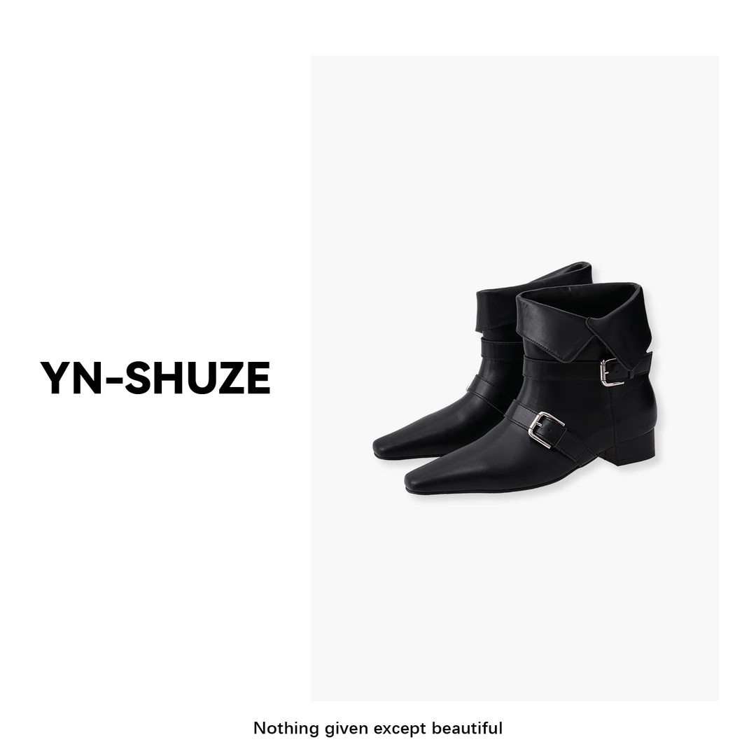 百搭锁扣粗跟翻边尖头短靴SZ-YNB-19937