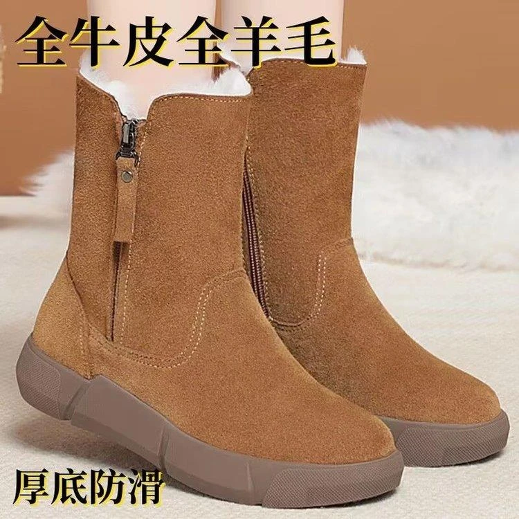 大东直销04冬季皮毛一体雪地靴女侧拉链软皮短筒靴加厚加绒厚底防