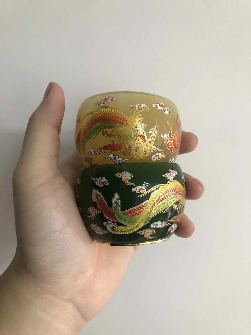 当代 龙凤呈祥对杯（帝王绿+琥珀黄）