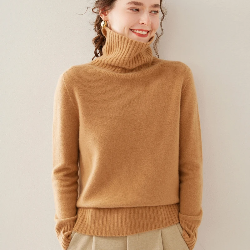 【JJ-821】女士马鞍肩高领七针加厚无缝一体纯色百搭时尚针织羊毛衫