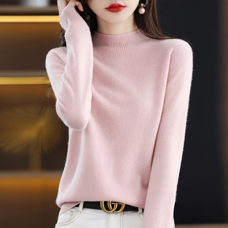 【JJ-201】女士半高领平面款无缝一体羊毛衫长袖显瘦百搭针织打底衫