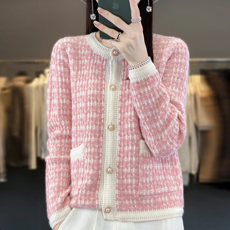 【JJ-124】女士七针加厚时尚亮丝款小香风羊毛开衫显瘦百搭气质长袖