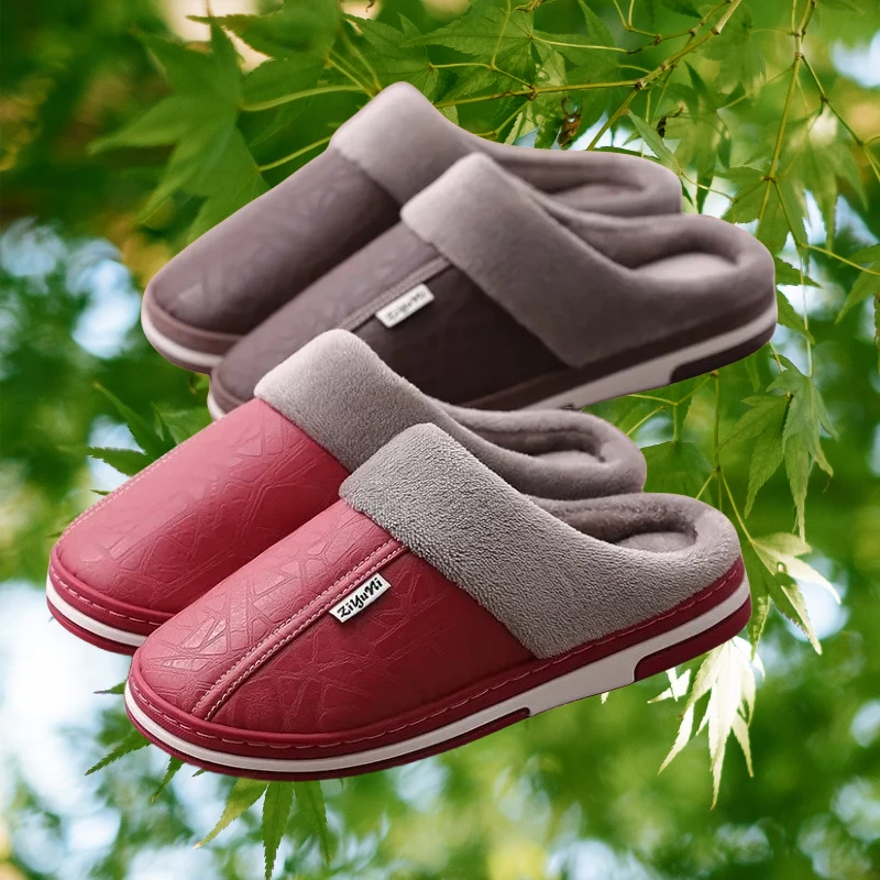 PU皮新款冬天棉拖鞋男士家居防滑防水厚底加绒保情侣高档毛拖鞋女
