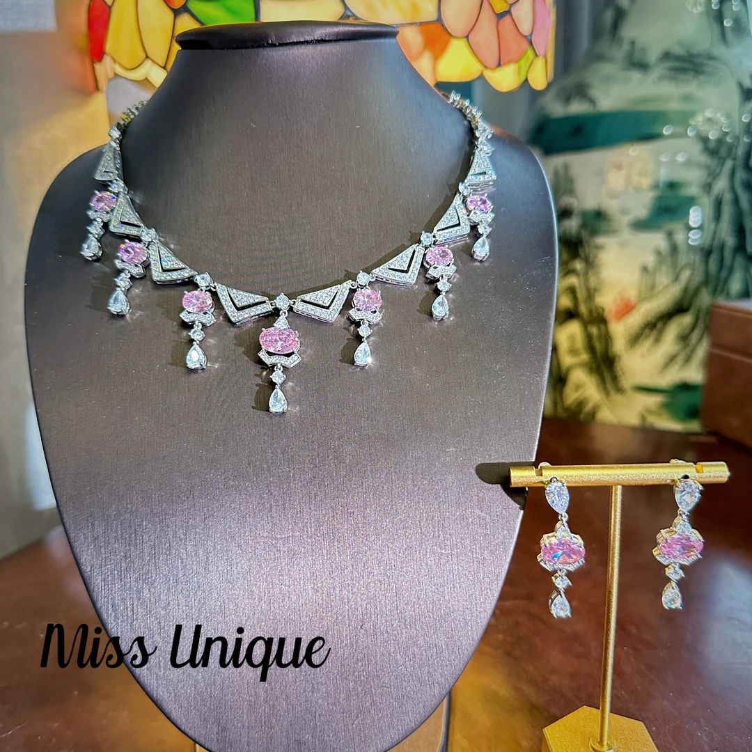 E8190粉色几何拼接项链套装