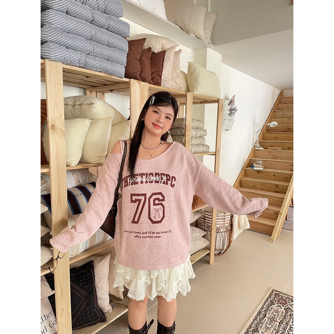 BUMENYLEE2024秋季新款露肩外穿长袖女胖mm显瘦宽松慵懒风毛衣