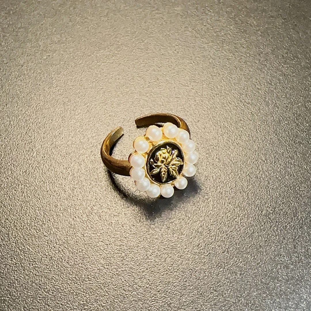 铜合金仿珍珠戒指 复古花朵戒指珠珠宫廷风指环RICug 0149