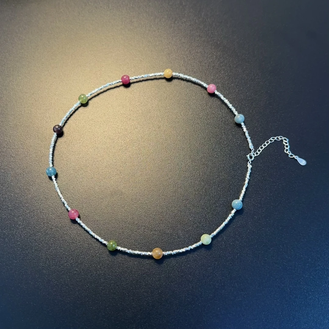 坠链均925银仿水晶 925银彩色珠珠细颈链多巴胺百搭NEAgc 0439