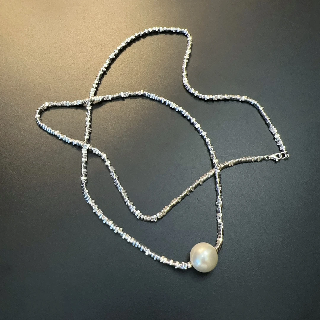 链子925银仿珍珠 纯银超长项链不规则银锭子毛衣链NEAgs 0242