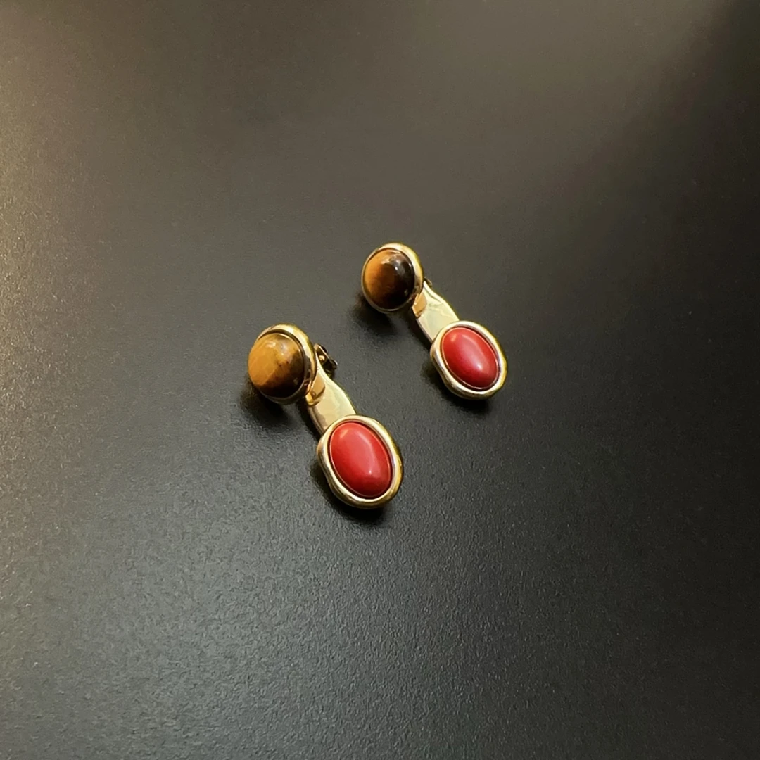 合金石英石耳饰 多种戴法耳环双色红耳饰耳钉复古饰品EDCug 0122