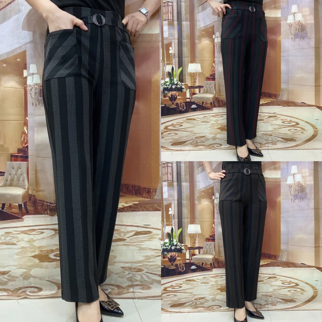 中老年高腰女裤弹力竖条纹直筒休闲妈妈裤显瘦百搭时尚弹力洋气裤
