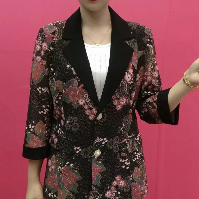 精品西装外套中老年妈妈2024新款西服印花薄款显瘦时尚气质上衣