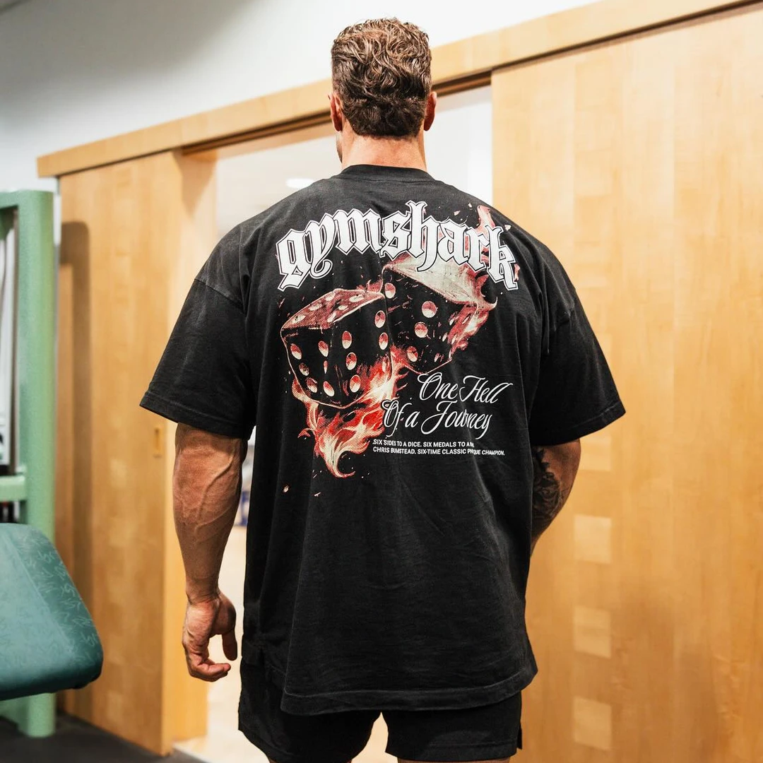 美式肌肉鲨鱼健身训练运动休闲印花纯棉宽松短袖男士圆领半袖T恤